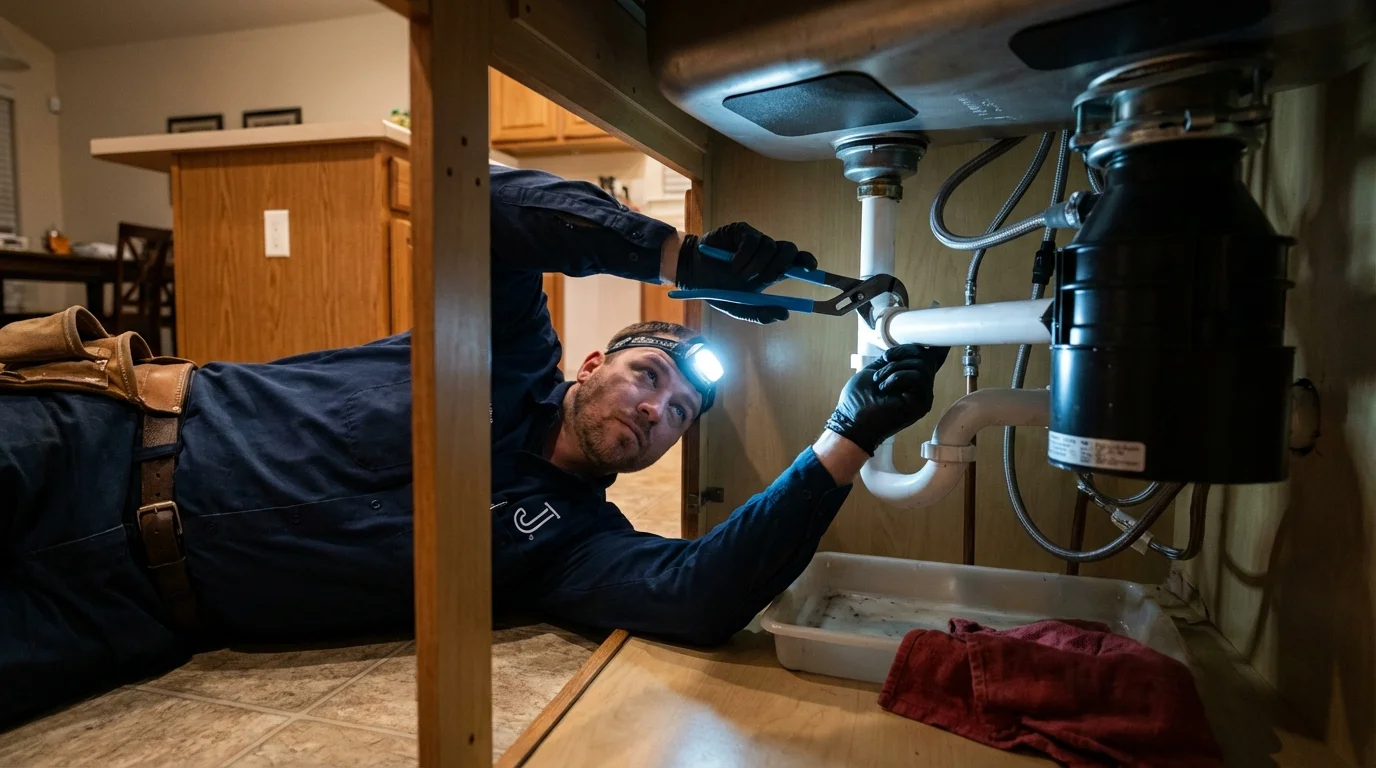 P-trap and supply line connections under a kitchen sink showing a common leak point in Polk City, FL